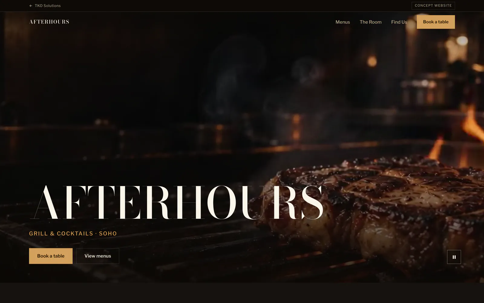 The AFTERHOURS homepage, with a steak on a charcoal grill behind the restaurant name and buttons to book a table or view the menus