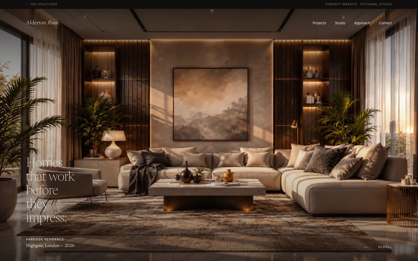 The Alderton Rowe homepage, with a warmly lit apartment kitchen filling the screen behind the studio name and a serif headline reading Homes that work before they impress