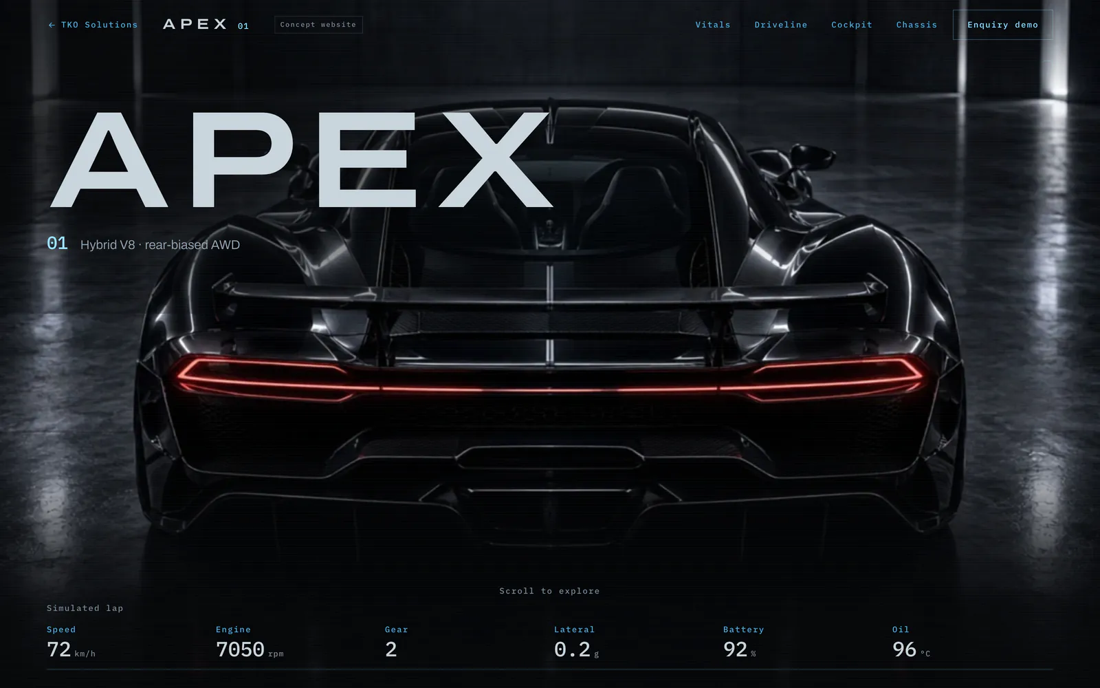 The APEX 01 homepage, with the car seen from behind in a dark room and a row of readings along the bottom