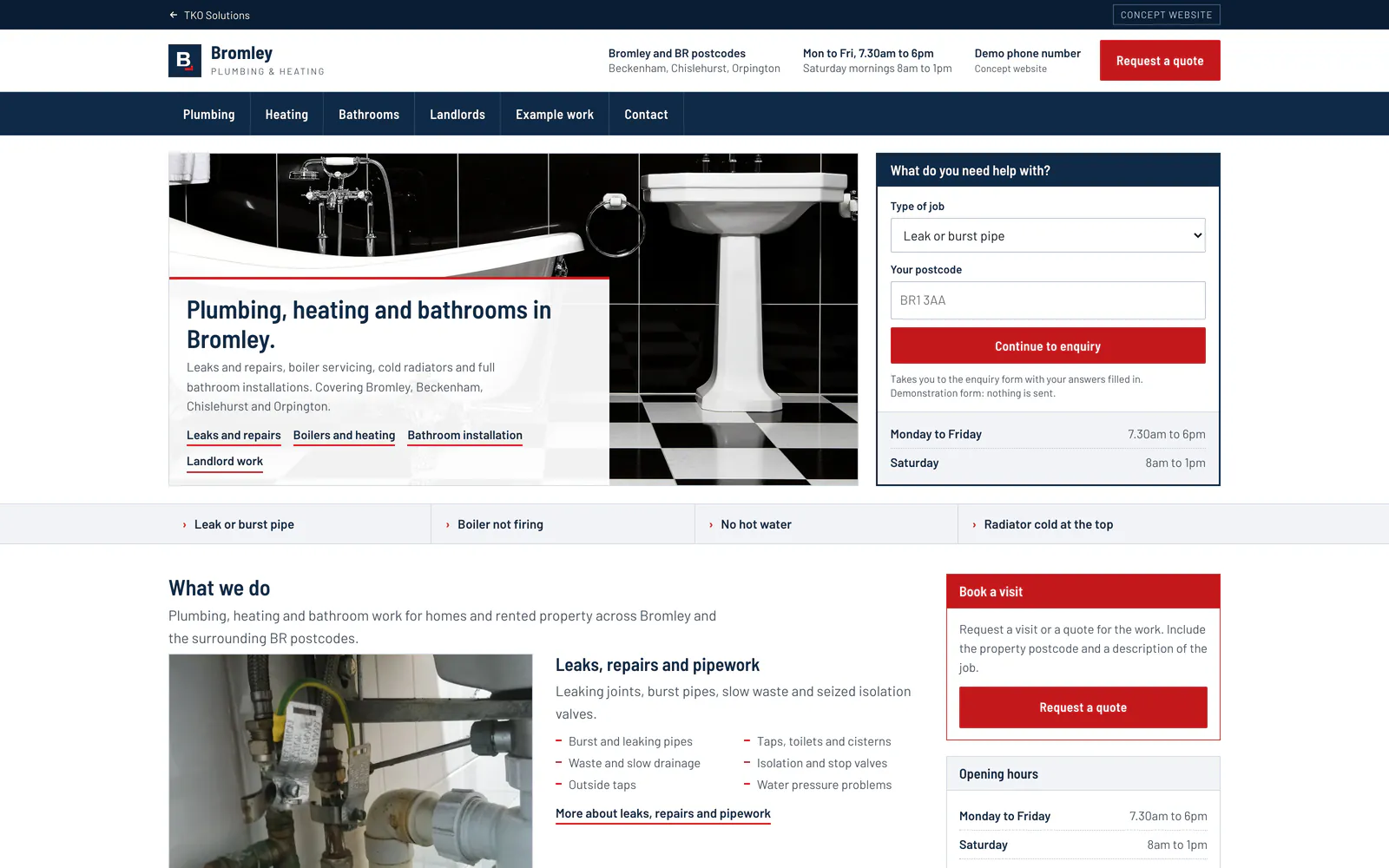 The Bromley Plumbing and Heating homepage, with a navy navigation bar, a bathroom photograph and an enquiry panel