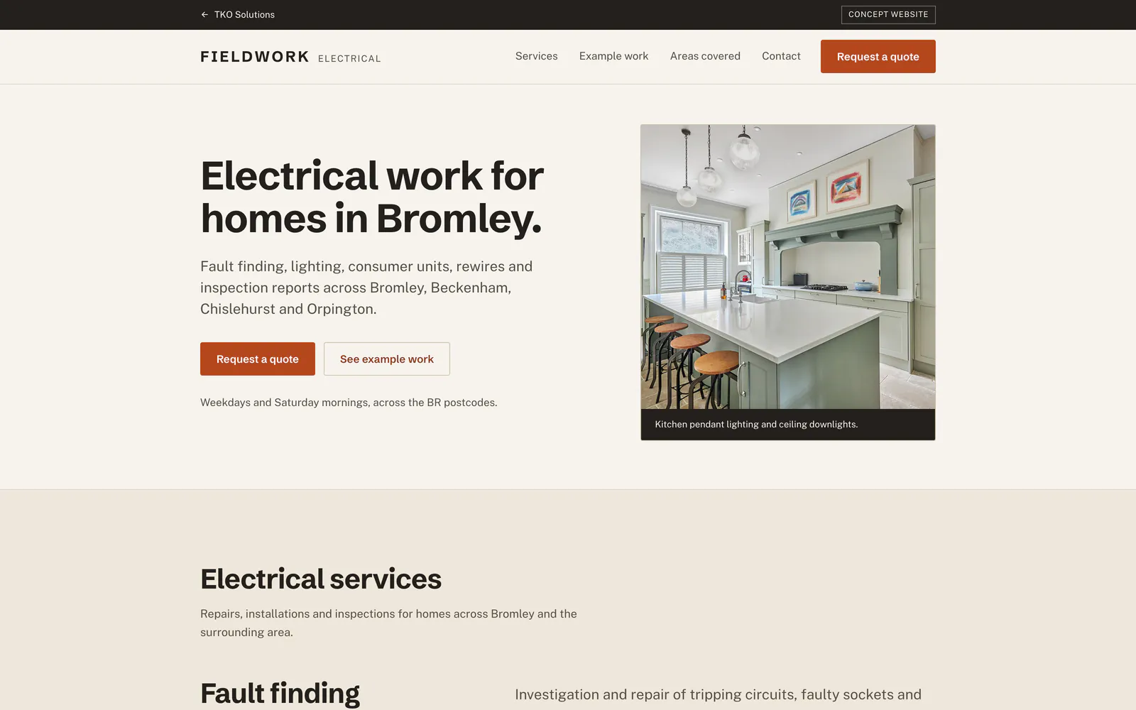 The Fieldwork Electrical homepage, with the headline Electrical work for homes in Bromley beside a photograph of a kitchen lit by pendant lights