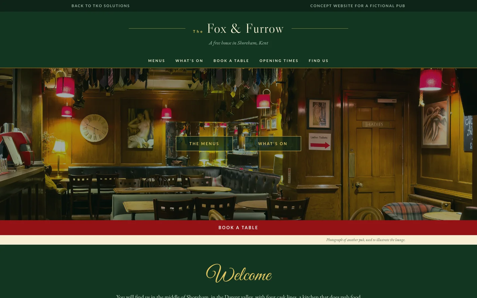 The Fox and Furrow homepage, with a panelled pub room lit by red-shaded lamps behind the pub name and buttons for the menus and what is on