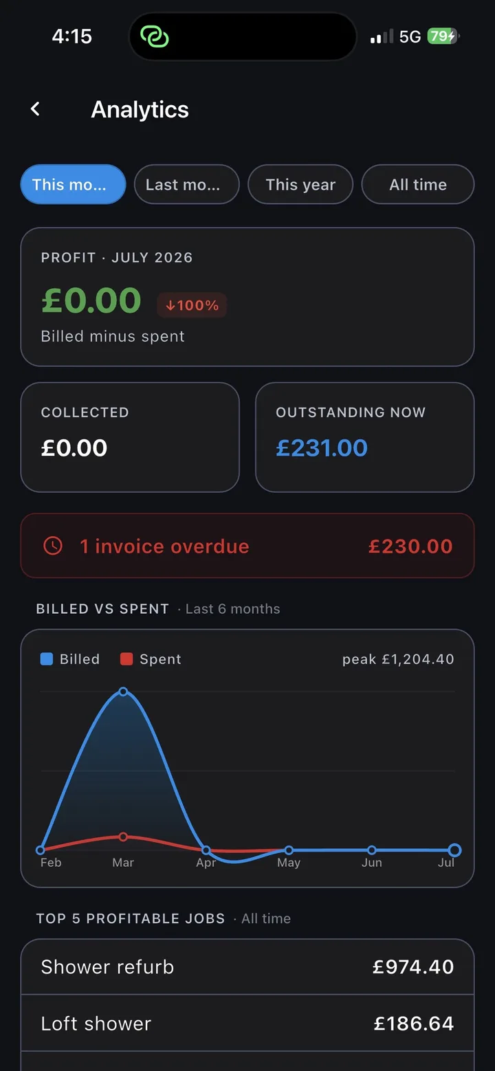 ProjectPad analytics screen showing profit, collected and outstanding totals with a billed versus spent chart