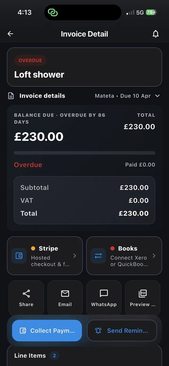 ProjectPad invoice detail screen showing an overdue balance with options to collect payment and send a reminder