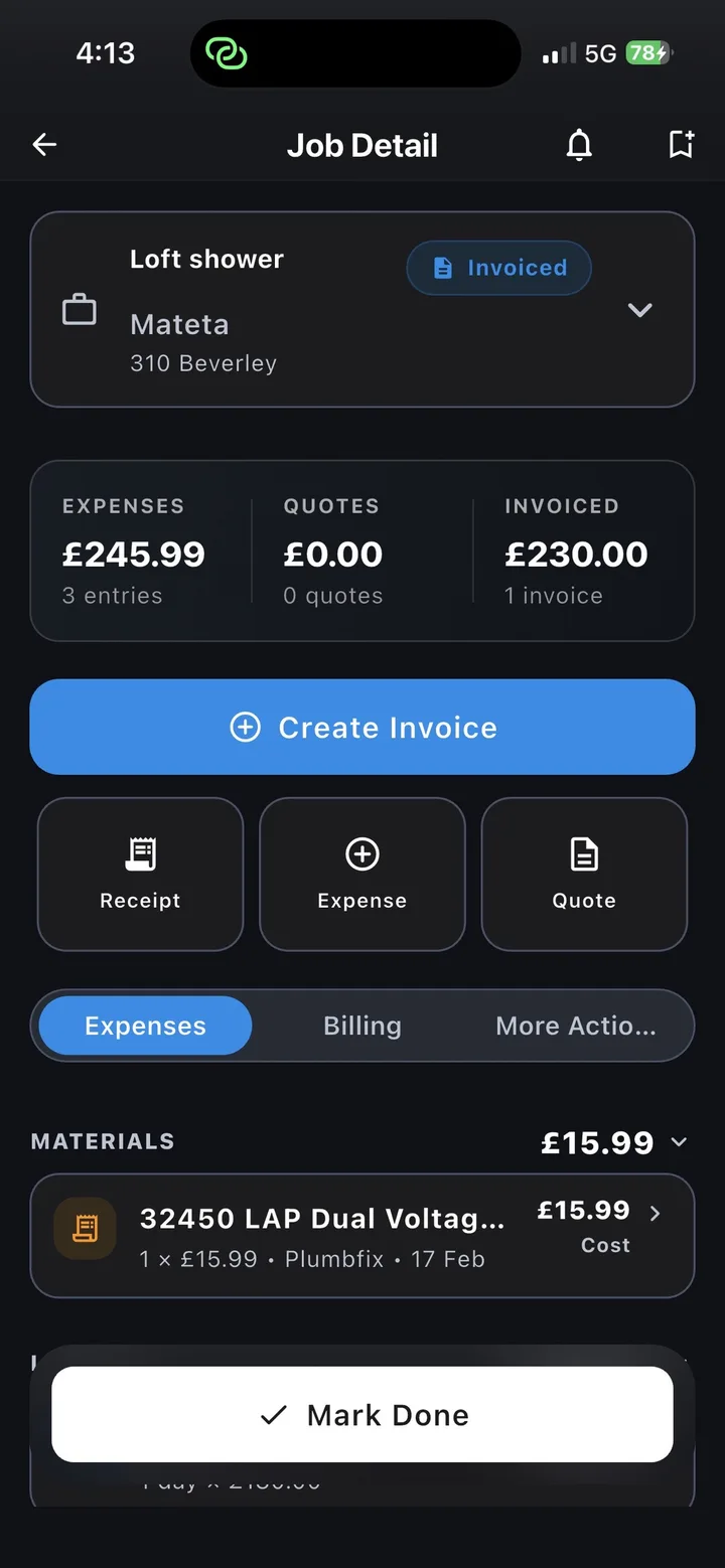 ProjectPad job detail screen showing expenses, quotes and invoiced totals for a job