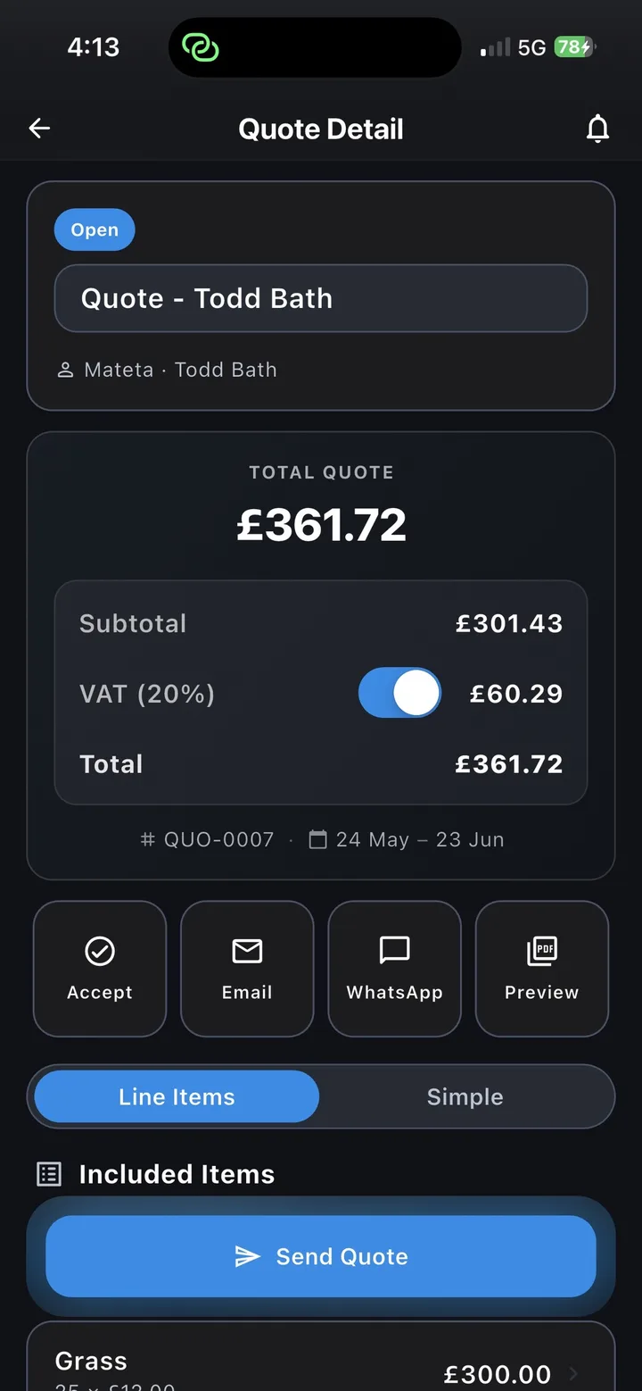 ProjectPad quote detail screen showing line items, VAT and a send quote action