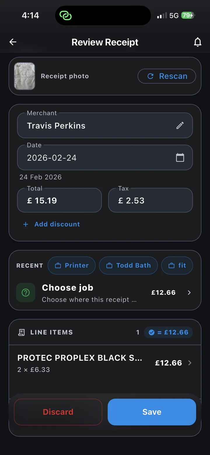 ProjectPad receipt review screen with a scanned receipt, merchant, date, totals and extracted line items