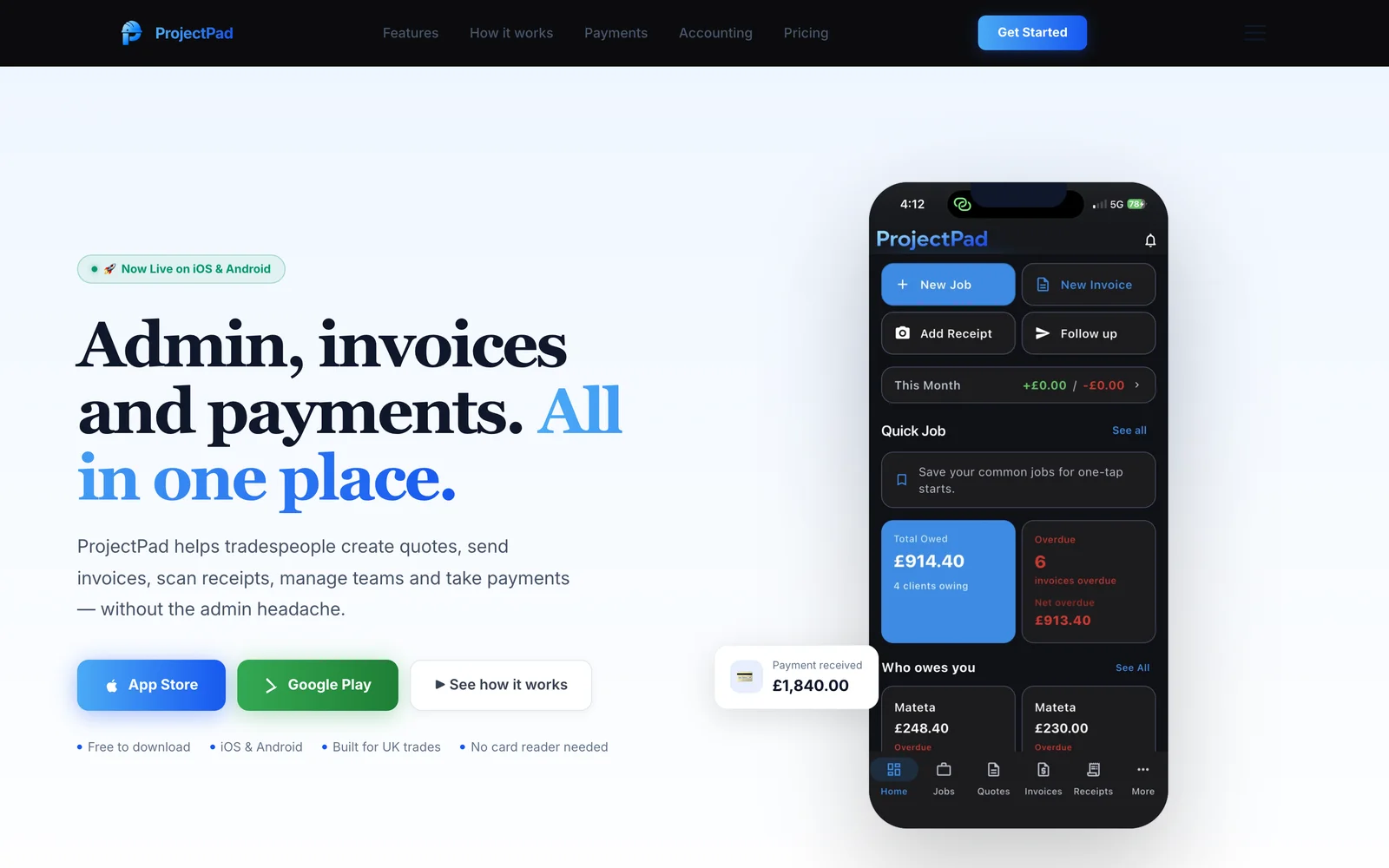The ProjectPad website on desktop