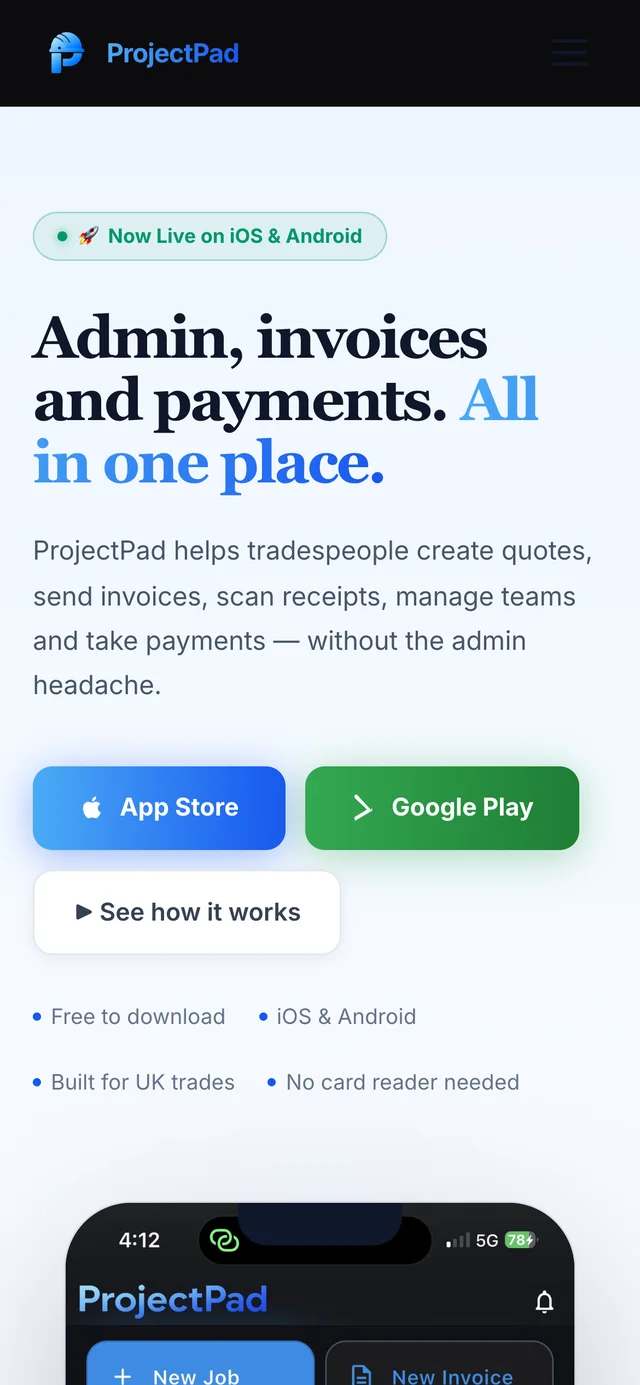 The ProjectPad website on a phone, with the headline and app store buttons stacked for mobile