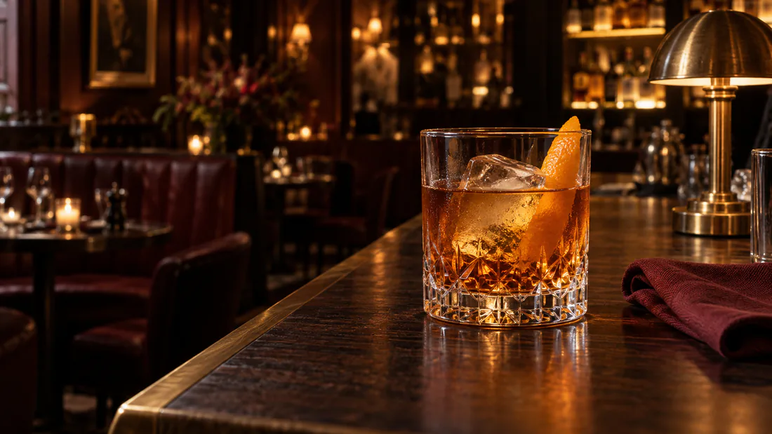An Old Fashioned in a cut crystal tumbler on the bar, with a large ice cube and an orange twist.