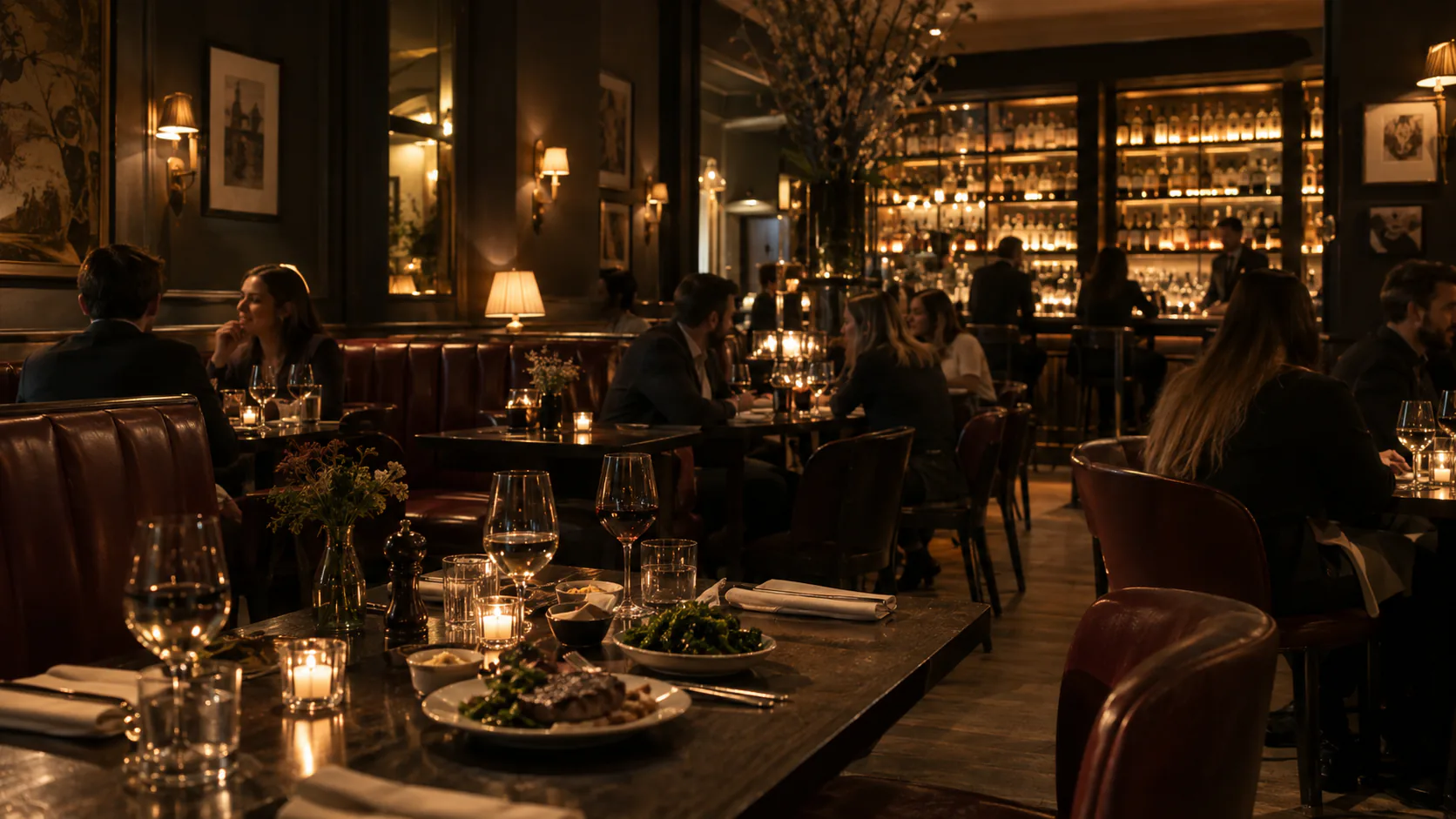 The dining room at night, with leather banquettes, candlelit tables and a lit back bar.