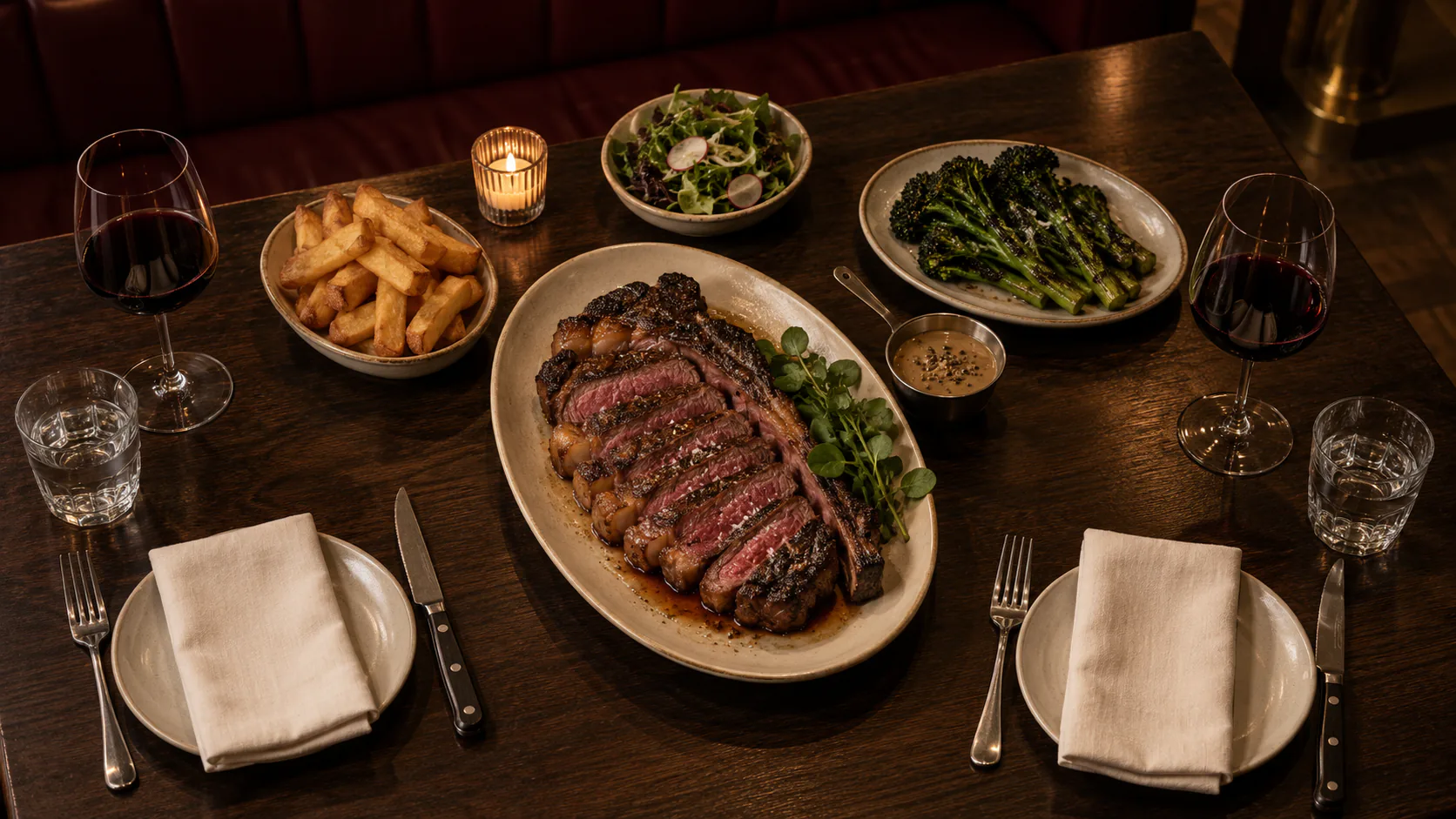 A table laid for two with a sliced porterhouse on a platter, chips, salad, broccoli, sauce and two glasses of red wine.