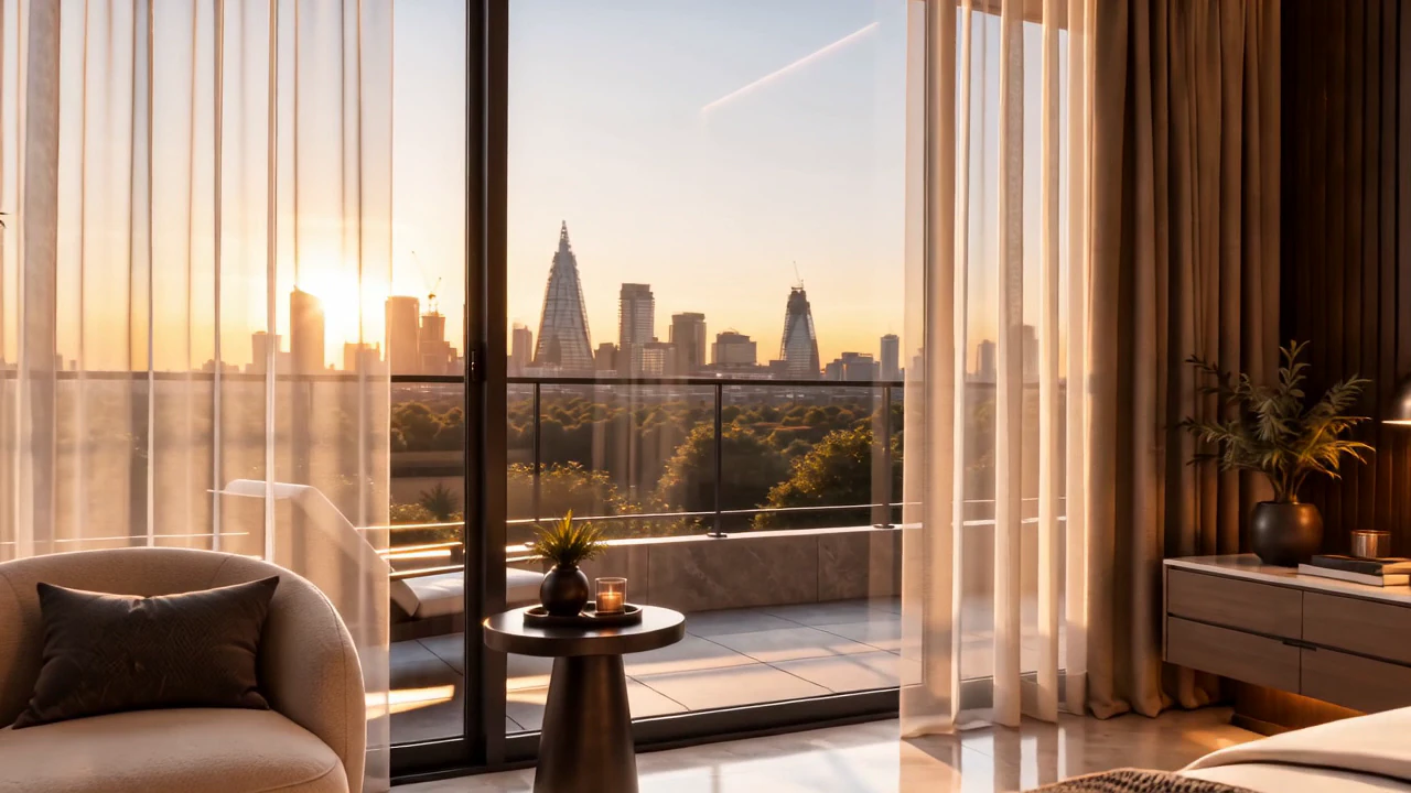 The balcony at dusk, looking over trees to the city skyline.