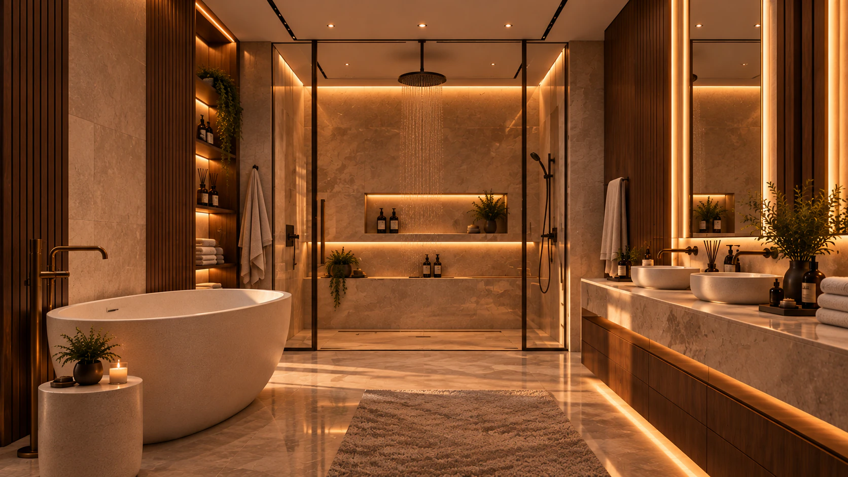 The principal bathroom, with a freestanding stone bath and a walk-in shower.