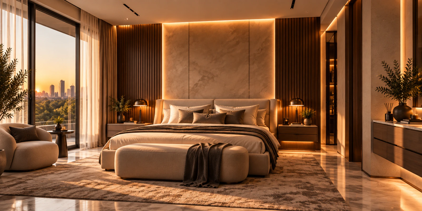 The principal bedroom, with a stone headboard panel and the city beyond the glass.