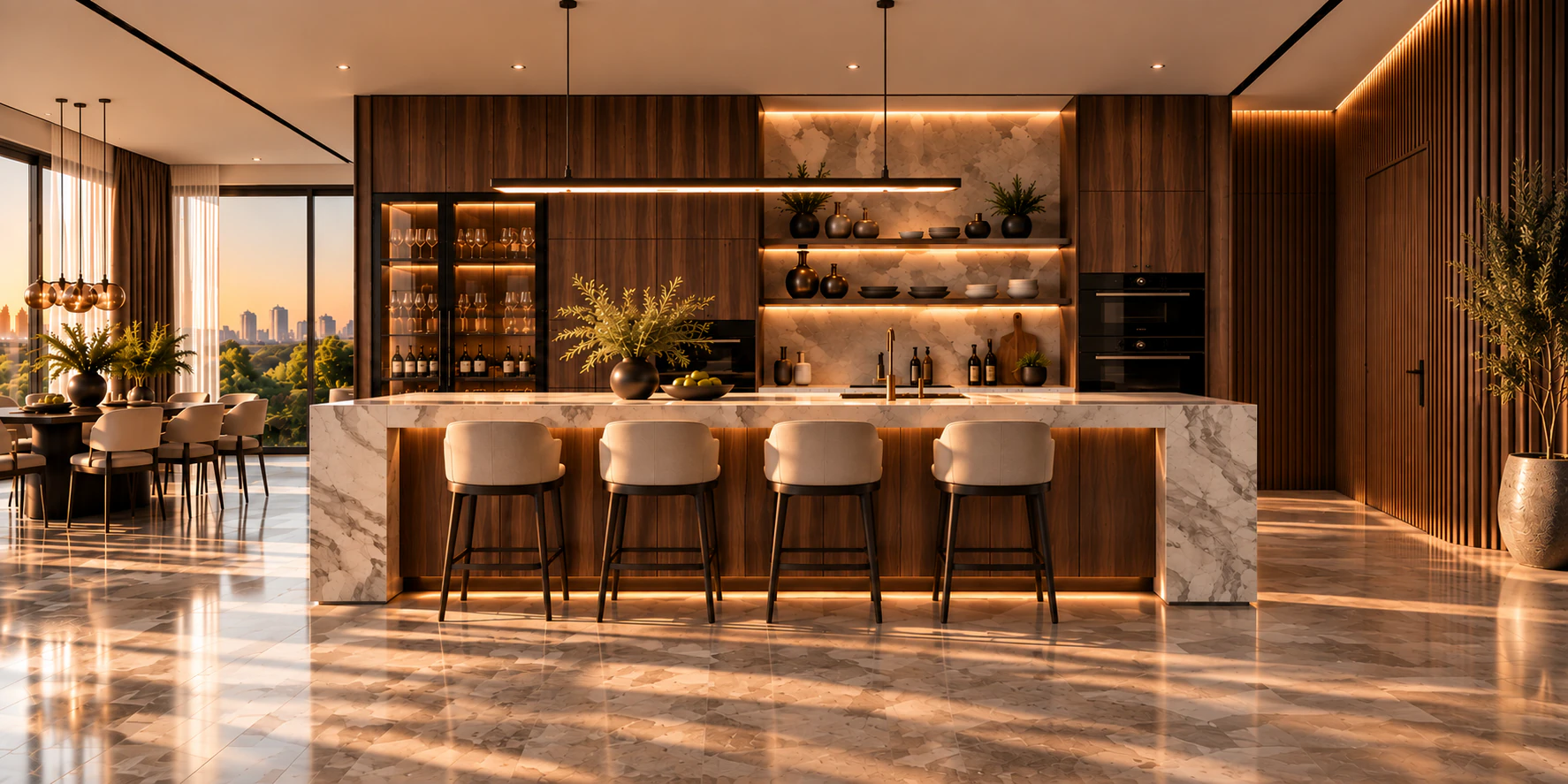The kitchen and dining room, lit from a full-height window wall.