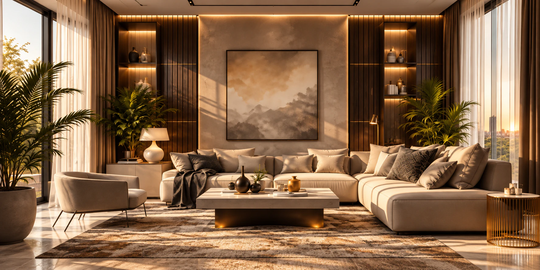 The living room at Parkside Residence, looking towards the window wall.