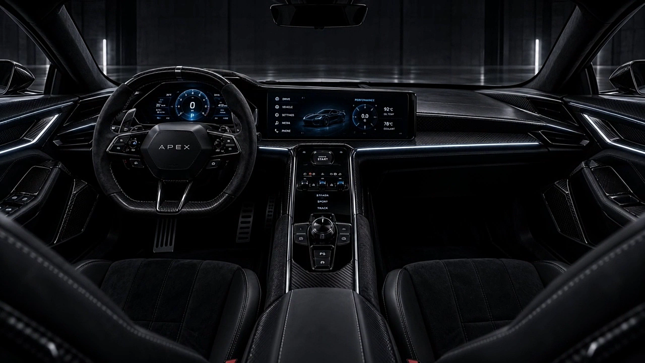The APEX 01 cabin: yoke, single display panel, milled centre console and carbon seats.
