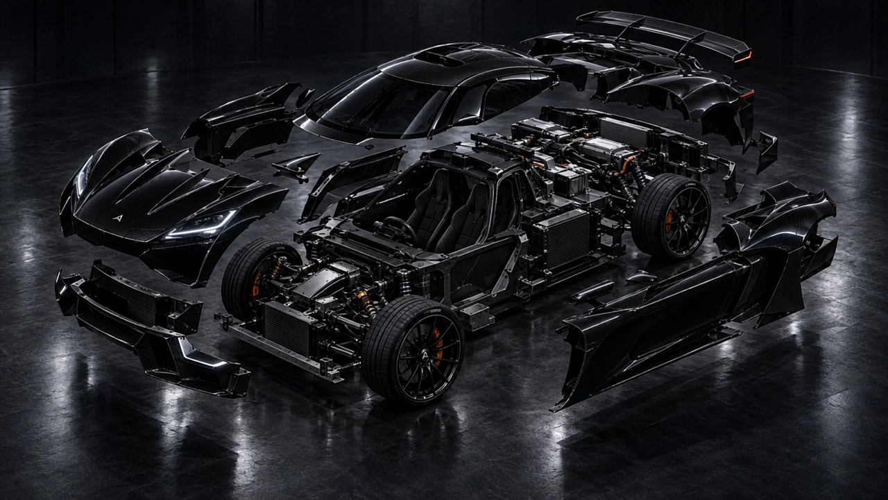 The APEX 01 with every body panel, wheel and aero surface laid out around its bare carbon tub.